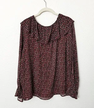 [LOFT] Red Black Floral Print Ruffle Neck Long Sleeve V-Neck Blouse Size Large L thumbnail 2