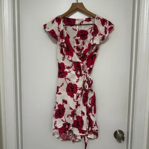 Free People | Women's Red Pink White Floral Ruffle Wrap Mini Dress, Size XS thumbnail 2