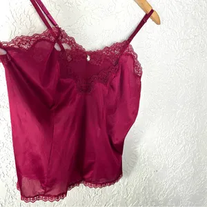 Vintage 80’s Bari Silky Nylon Lace Burgundy Camisole Size M thumbnail 9