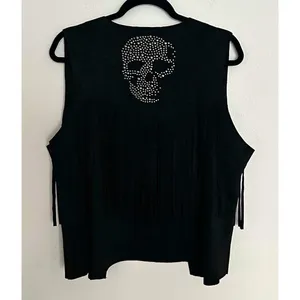 Vocal Women’s Black Sleeveless Fringe Rhinestone Skull Open Front Vest SZ XL EUC thumbnail 4