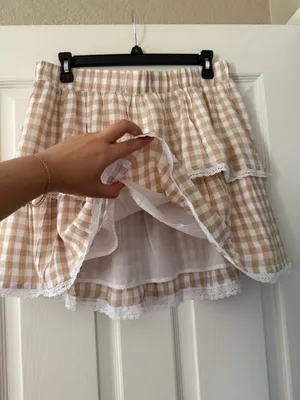 BNWT Neutral Gingham Lace Trim Tiered Mini Skirt thumbnail 2
