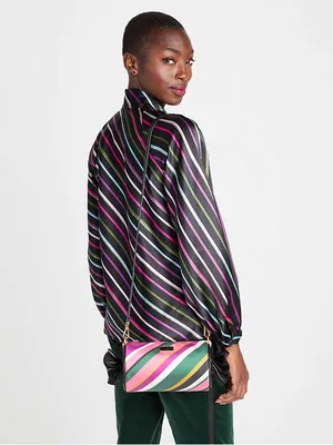 kate spade Black Satin Tie-Neck Blouse with Pink, Green, Blue and White Stripes thumbnail 6