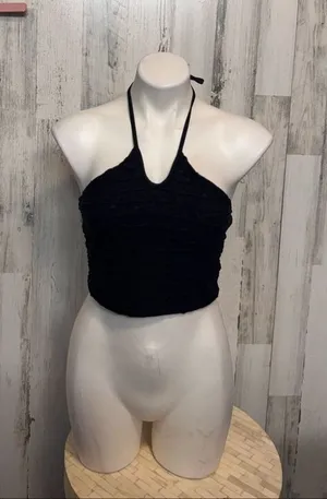 Black Halter Ruched Crop Top Size Large Black thumbnail 1