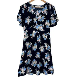 Loft Floral Knee‎ Length Dress Womens 4 Blue Viscose Dainty Romantic Boho Garden thumbnail 2