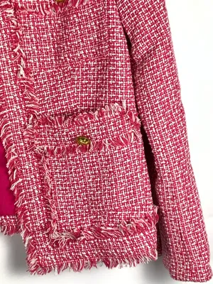 Saks Fifth Avenue Tweed Jacket XS Pink Frayed Trim Open Front Blazer thumbnail 6