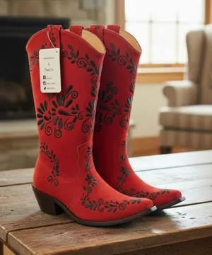 RARE Agave Sky Red Suede Embroidered Floral Western Cowgirl Boots Sz 6 Charro! thumbnail 1