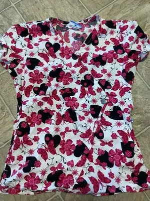 Nurse Mates Pink and Black Floral Women's Scrub Top thumbnail 1