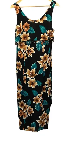 Vintage Y2K Maxi Dress 6‎ Black Tropical Floral Beaded Resort Beachwear Vacation thumbnail 1