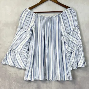 DREW Women Top Blouse Size Medium Off Shoulder Stripe Tiered Bell Sleeve Peasant thumbnail 12