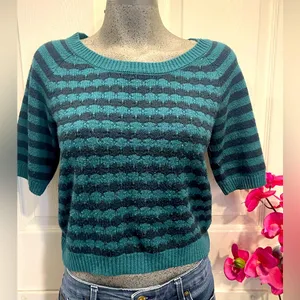 Love By Design Black and Teal Striped Half Sleeve Cropped Sweater size M thumbnail 1