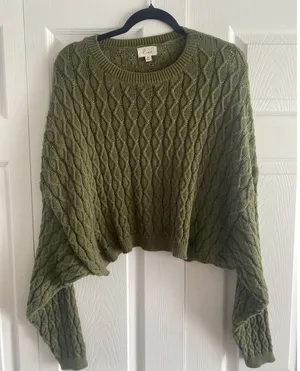 Lena Cropped Cable Knit Sweater Womens‎ Size M Olive Green Dolman Boho Earthy thumbnail 1
