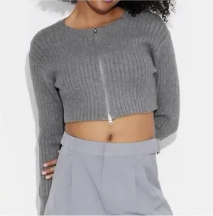 Wild Fable Rib Knit Zip Front Crop Sweater Gray Long Sleeve Women’s L NWT thumbnail 1