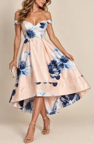 Women's Floral Off Shoulder Satin Midi Dress Size 10 Pink Wedding Guest Cocktail thumbnail 1