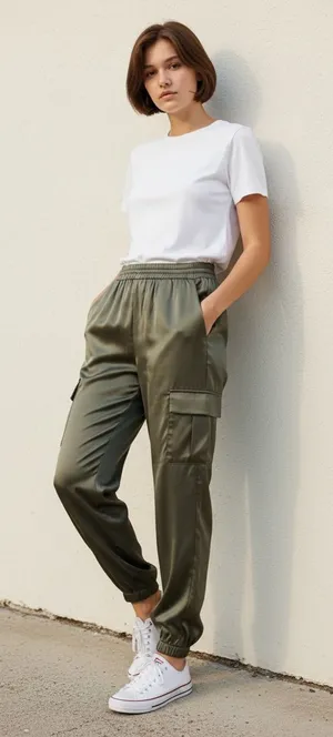 NWT Petal & Pup Gilli Luca Olive Green Satin Cargo Jogger Pants Size M thumbnail 1