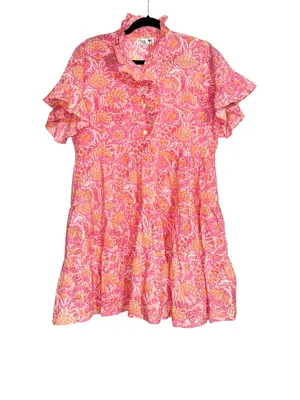 Mille Resort & Travel Violetta Pink Floral Ruffle Sleeve Tiered Dress SMALL thumbnail 2