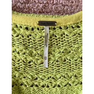 Free People Neon Green Open Knit Sweater XS Long Sleeve V Neck Cotton Blend thumbnail 2
