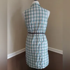 Gingham Shirt Dress Beige & Green Sleeveless Belted Mod Cottagecore Country thumbnail 4