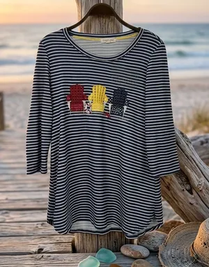 Vintage Coastal Stripe Crewneck Top with Embroidered Colorful Beach Chair thumbnail 1