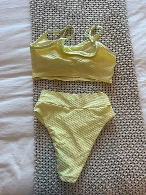Aerie Textured High Waisted Bikini Set in Yellow thumbnail 4