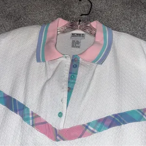 Vintage Koret Francisca White Textured Short Sleeve polo With Plaid Accents sz M thumbnail 2