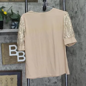 NWT Ny Collection Petites Keyhole Lace Trim Blouse Shirt Top Doeskin Brown PL thumbnail 4