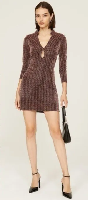 ASTR Nia Metallic Houndstooth Mini Dress XS Copper Black Vneck Jersey Stretch thumbnail 1