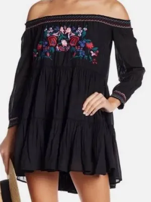 Free People Sunbeam Embroidered Floral Boho Mini Dress‎ Black Medium thumbnail 7