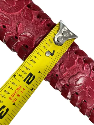 Red Floral Embossed Leather Belt Whipstitch Edges Silver Buckle Wide thumbnail 9