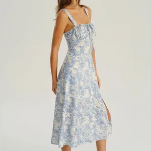 Rihoas Blue Floral Ruched Slip Midi Dress thumbnail 5
