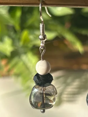 Handmade Silver-Tone Dangle Earrings with White, Black and Smoky Beads thumbnail 2