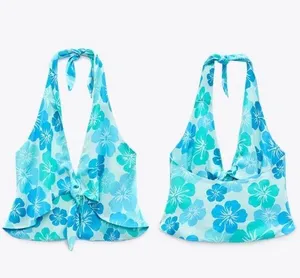 Zara Floral PRINT SATIN EFFECT Halter Cropped Top w/Ties @ Neck & Front Blue New thumbnail 2