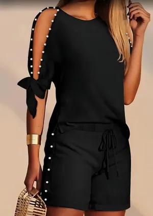 Black Pearl-Embellished knotted cuff T-Shirt & Elastic Waist Short L thumbnail 1