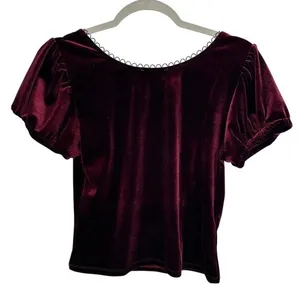 AURA Burgundy Babydoll Velvet Puff Sleeve‎ Square Neck Bow Top Womens Medium thumbnail 7