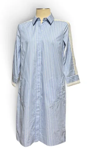 Etcetera Cotton Lace Button Up Shirt Shift Dress Blue White Stripe 4 thumbnail 1