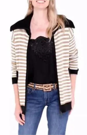 Cabi Mascot Cardigan 6448 Tan White Striped Black Full Zip Sweater thumbnail 1