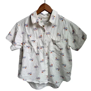 Linen button up short sleeve bicycle with flowers white size med thumbnail 1