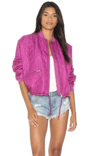 FREE PEOPLE Easy Quilted Bomber Jacket Pink Fuchsia Cropped Zip, Size M thumbnail 1