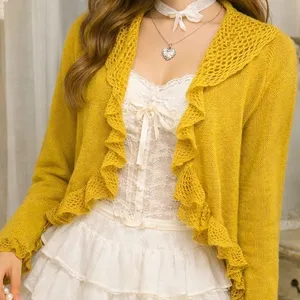 DonnaDiosa Mustard Yellow Ruffle Lace Open Cardigan Coquette‎ Cottagecore S/M thumbnail 1