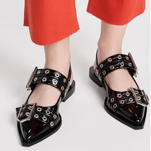 Boutique Black Patent Leather Buckle Slip On Pointed Toe Slingback Flat Shoes 39 / 8.5 thumbnail 1