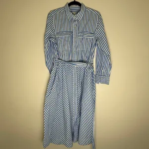 Free Assembly Blue White Striped Cotton Midi Shirt Dress D-Ring Belt L 12-14 thumbnail 2