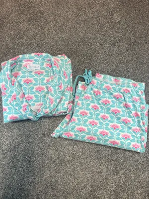 PajamaGram Floral Cotton Pajama Set Aqua Pink Women’s XL thumbnail 9