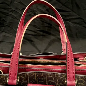 Calvin Klein Monogram Satchel in Brown and Red with gold accents thumbnail 9