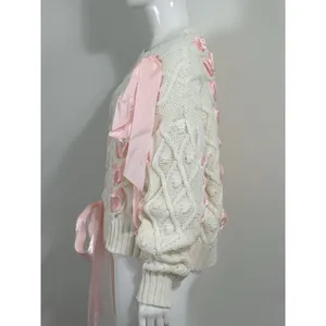 Women’s Ivory Chunky Cable Knit Sweater Pink Ribbon Bow Oversized Himekaji L thumbnail 7