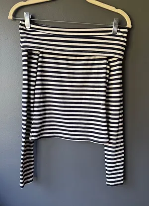 Oak & Trellis XS Black and White Striped Off-Shoulder Long Sleeve Top thumbnail 1
