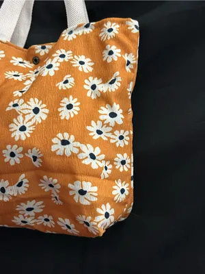 Daisy Print Orange Floral Canvas Tote Bag with White Handles thumbnail 8