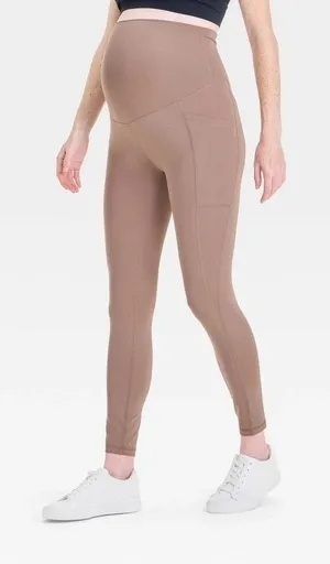Isabel Maternity Performance Pocket Leggings Full Panel Taupe Brown Large NWT thumbnail 1
