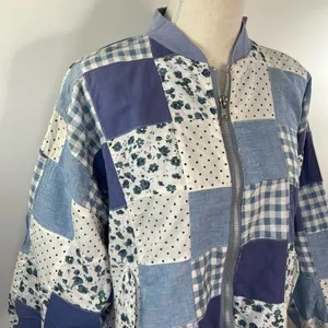 Patchwork Bomber Jacket by Tangibles Blue Cotton Florals Gingham Size M thumbnail 2