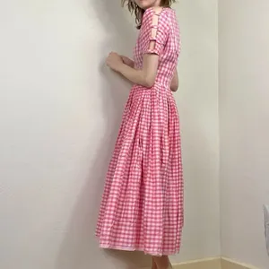 Vintage Pink & White Plaid Lattice Sleeve A Line Midi Dress Size S thumbnail 3