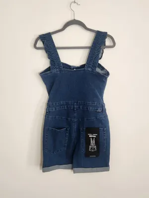 Almost Famous Dark Wash Denim Romper with Ruffle Sleeves Size Small NWT thumbnail 4