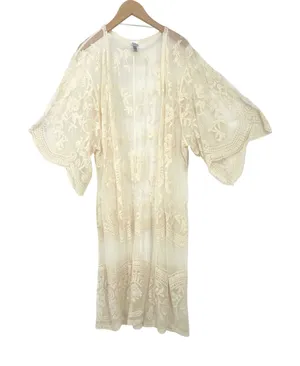 Time & Tru Lace Kimono Women S-M Cream Sheer Embroidered Coverup Boho Ethereal thumbnail 1